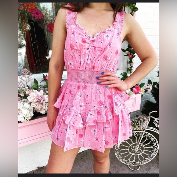 LoveShackFancy Norelli Printed Ruffled Dres XL pink floral drop waist so cute - Picture 4 of 9